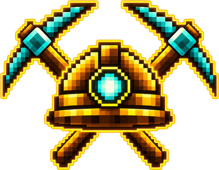 Mintr emblem: a gold miner's helmet with a cyan gem, flanked by two crossed pickaxes